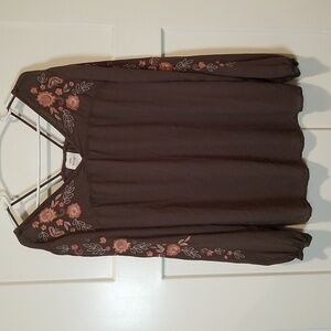 Knox Rose Brown Flowy Blouse With Floral Embroiderd Sleeves Size XL